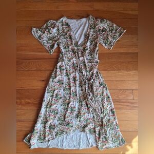 kate quinn White Floral Wrap High-Low Dress with Green 100% Organic Cotton